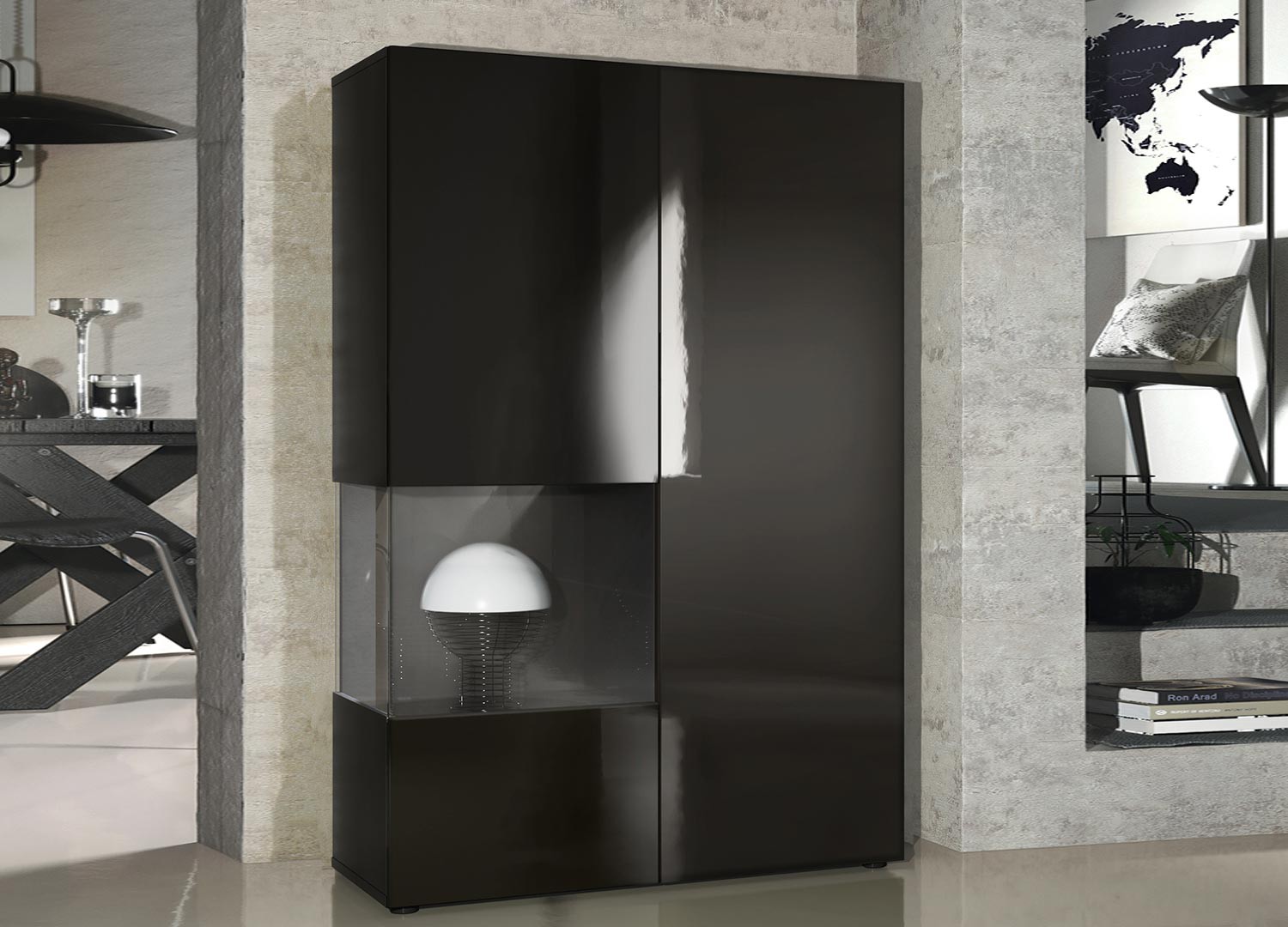 Meuble vitrine design en verre et bois finition laquée