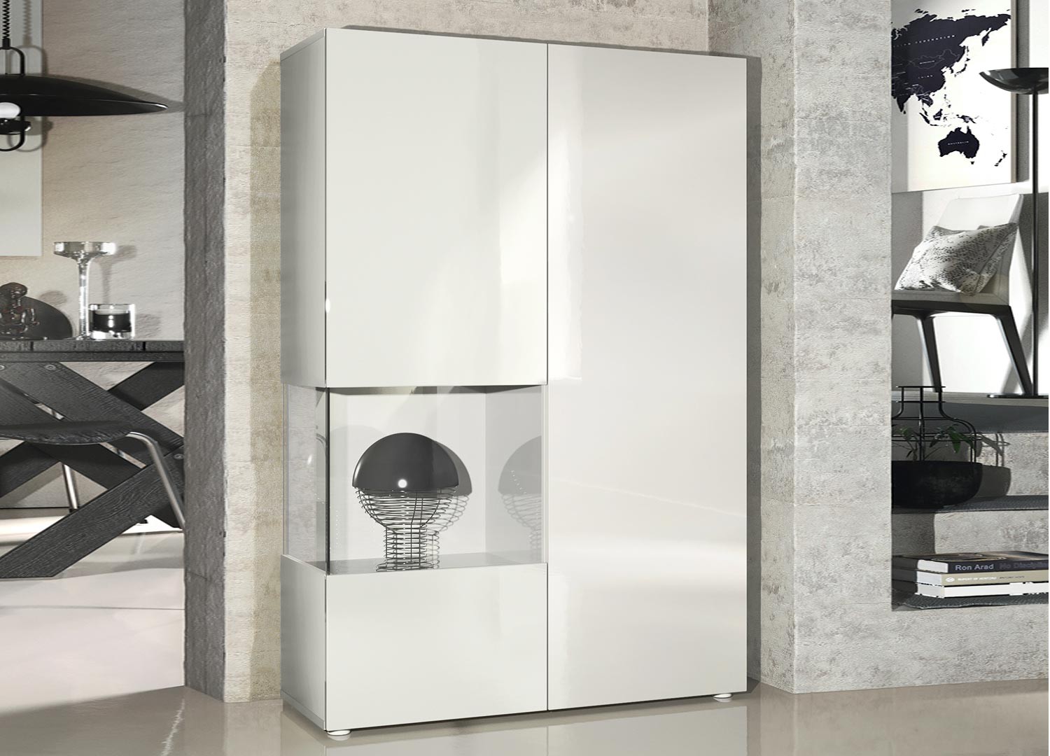 Meuble vitrine moderne en verre et bois finition laquée