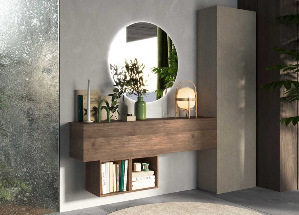 Meubles d'entrée 193 cm avec rangements et miroir rond