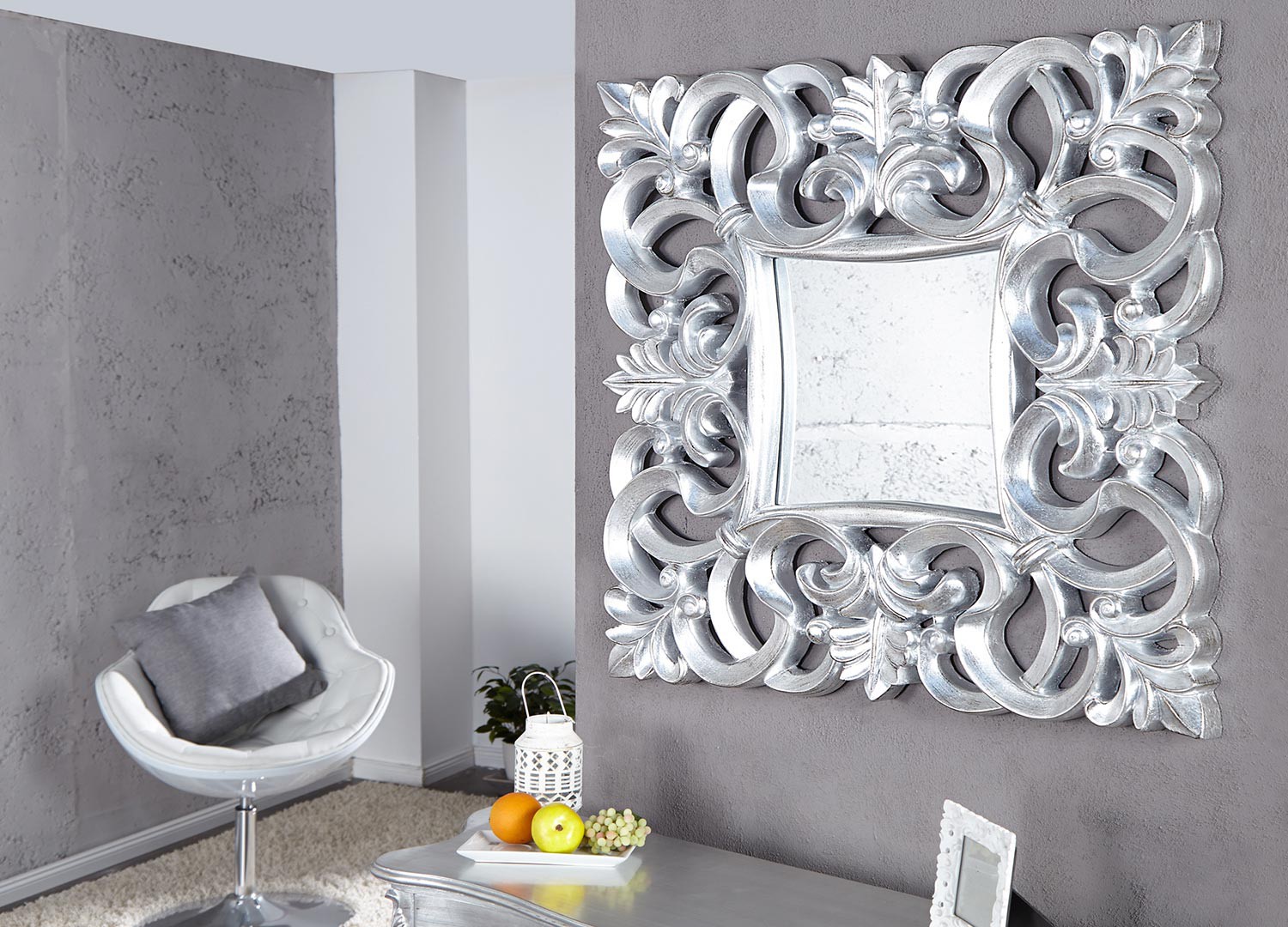 Miroir mural décoratif carré argent antique de style baroque 75 cm