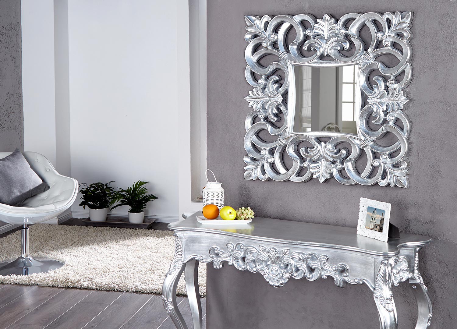 Miroir mural décoratif carré argent antique de style baroque 75 cm