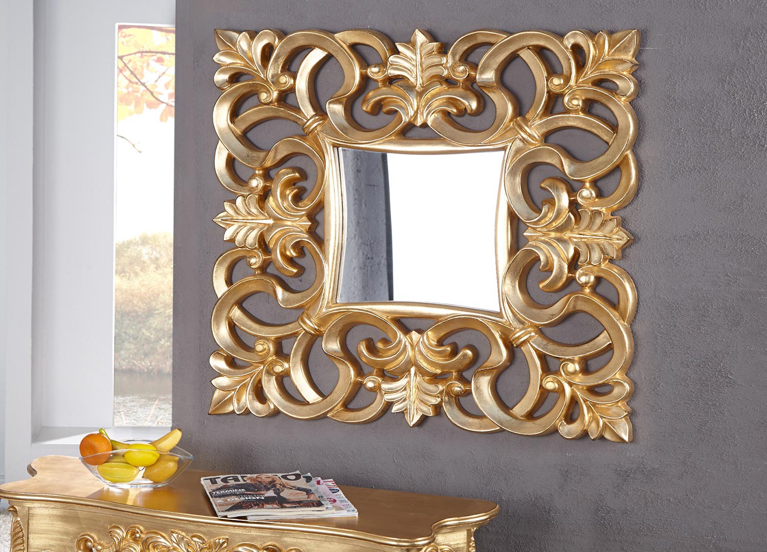 Miroir mural décoratif carré or antique de style baroque 75 cm