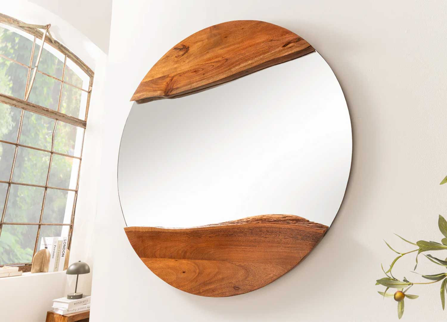 Miroir mural rond en bois d'acacia Laura