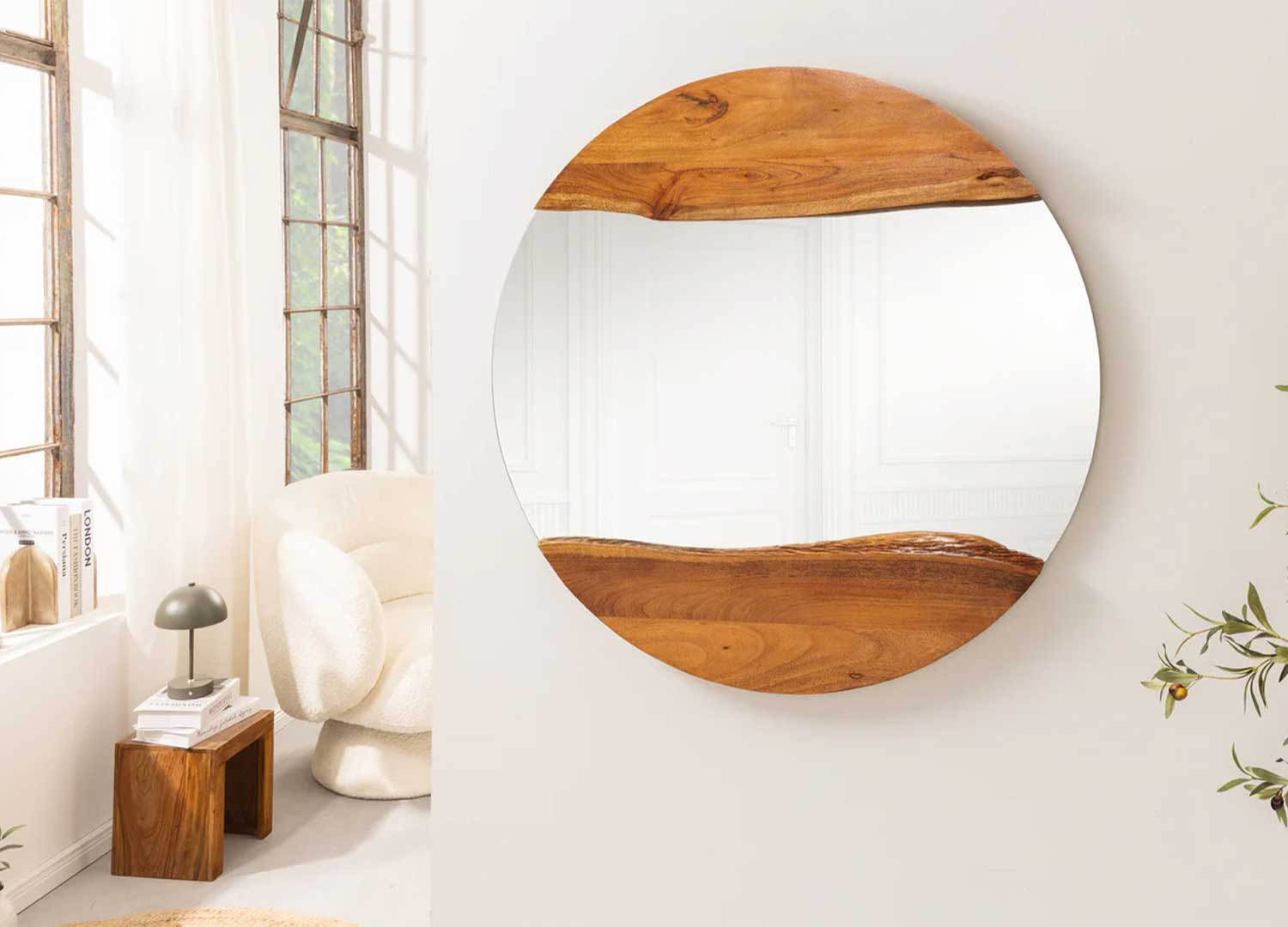 Miroir mural rond en bois d'acacia Laura