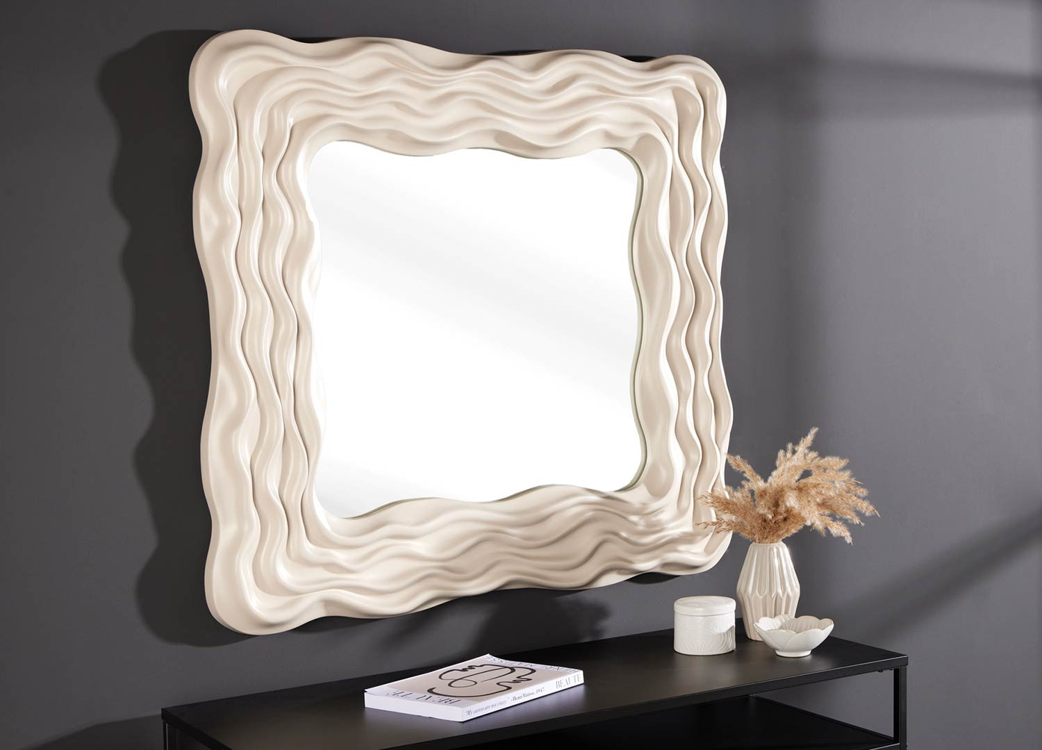 Miroir mural vague carré grège 90 cm