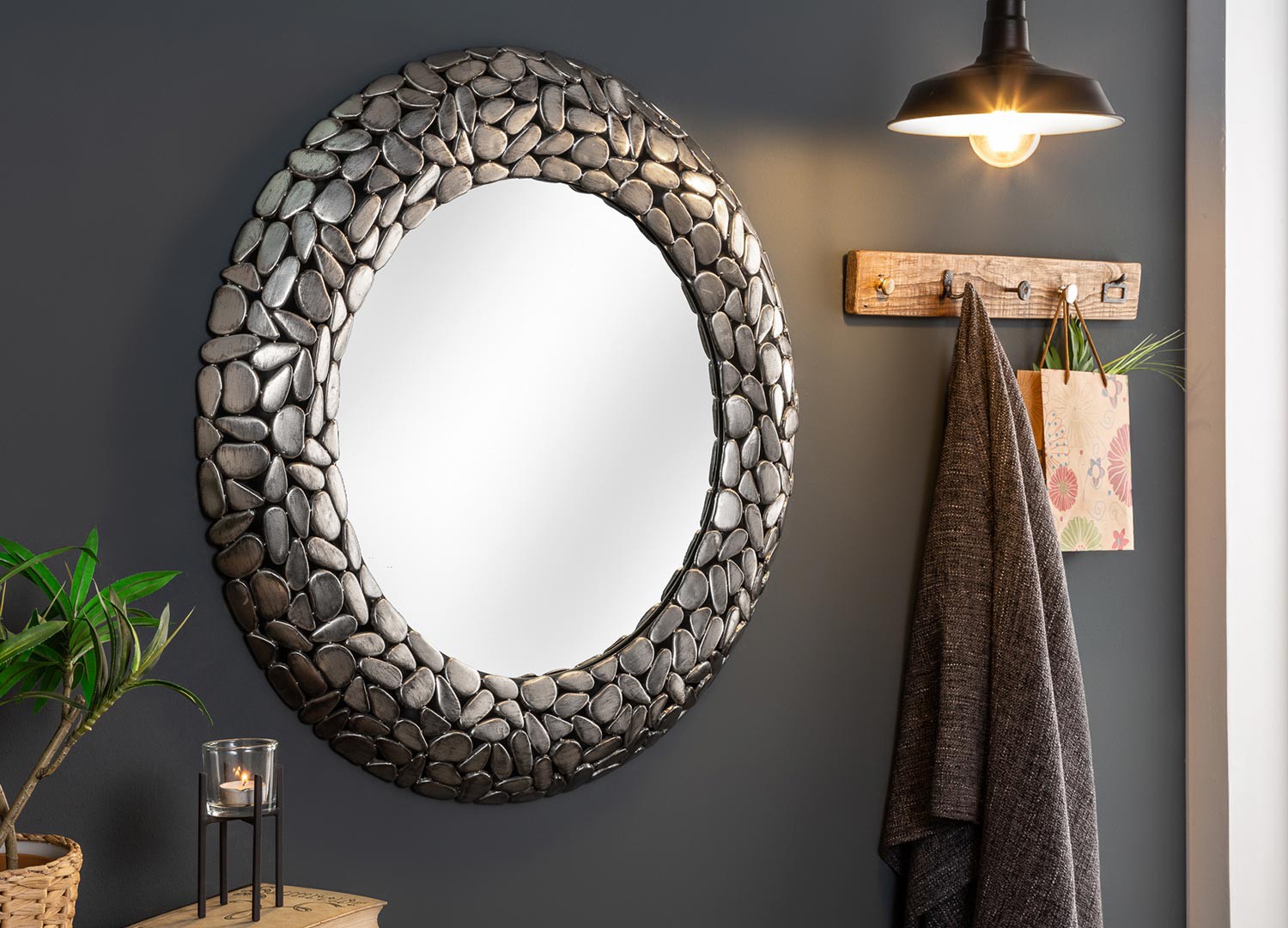 Miroir rond argenté effet mosaïque 82 cm