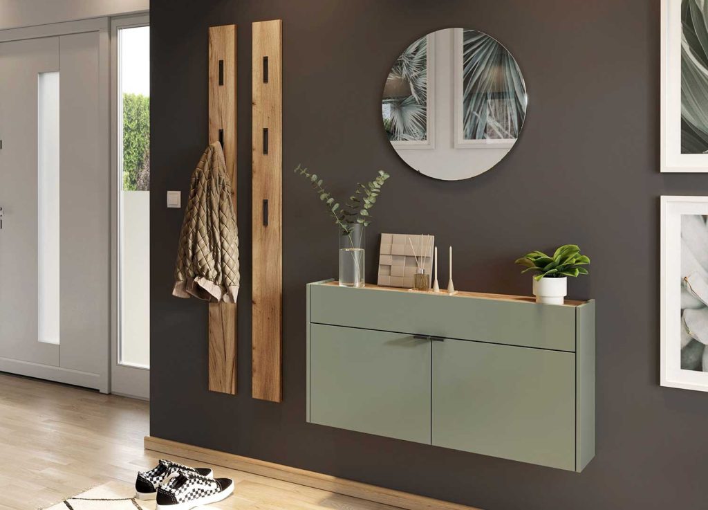 Mobilier mural d'entrée suspendu vert sauge et chêne