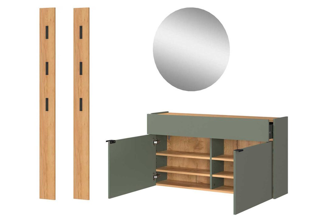 Mobilier mural d'entrée suspendu vert sauge et chêne