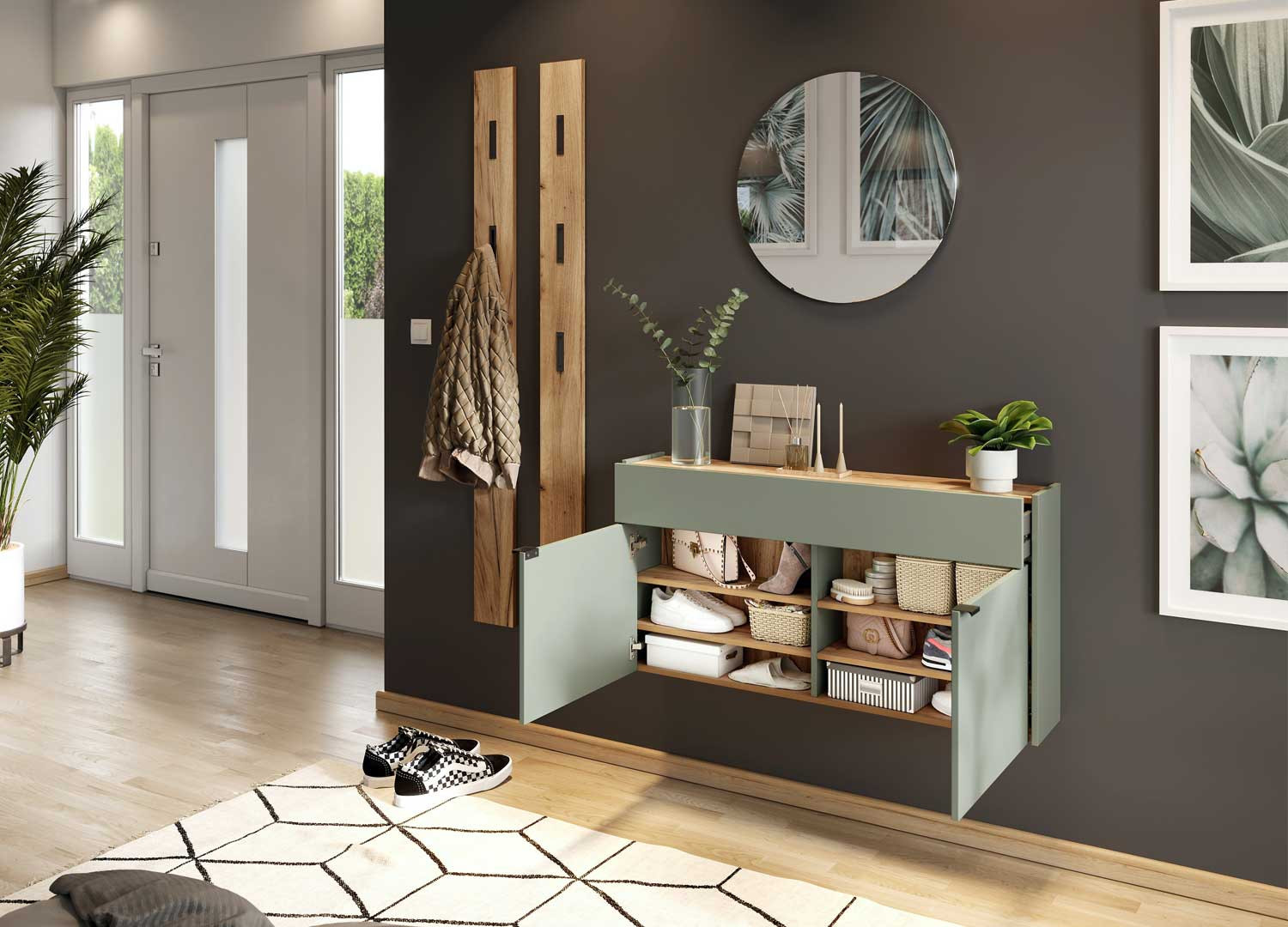 Mobilier mural d'entrée suspendu vert sauge et chêne