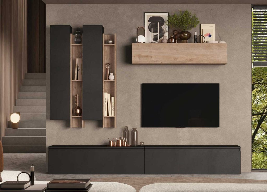 Mur tv avec rangements 7 meubles chêne et lave