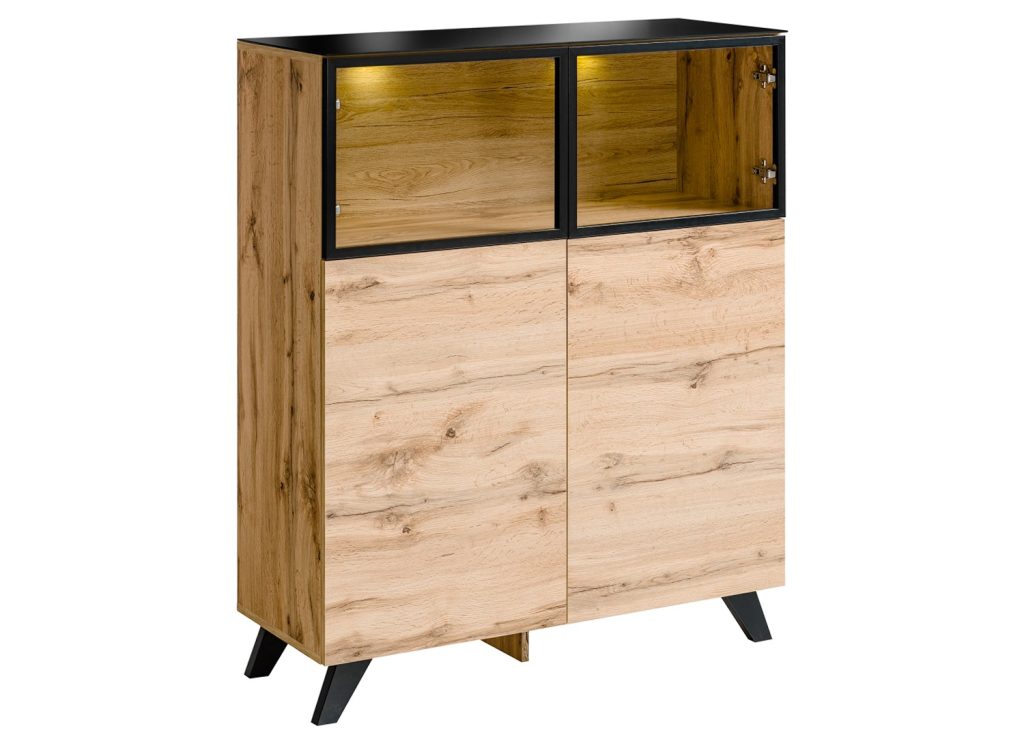 Petit Buffet Haut en Bois et Verre avec Éclairage