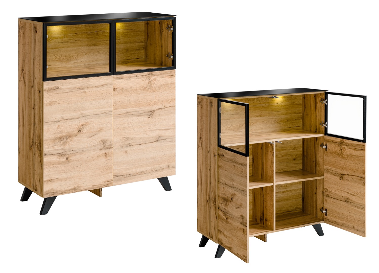 Petit Buffet Haut en Bois et Verre avec Éclairage