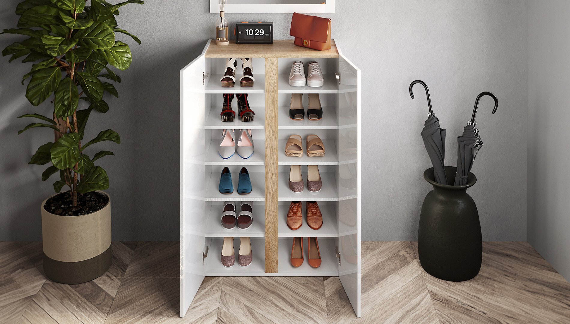 Petit meuble chaussures laqué blanc et chêne