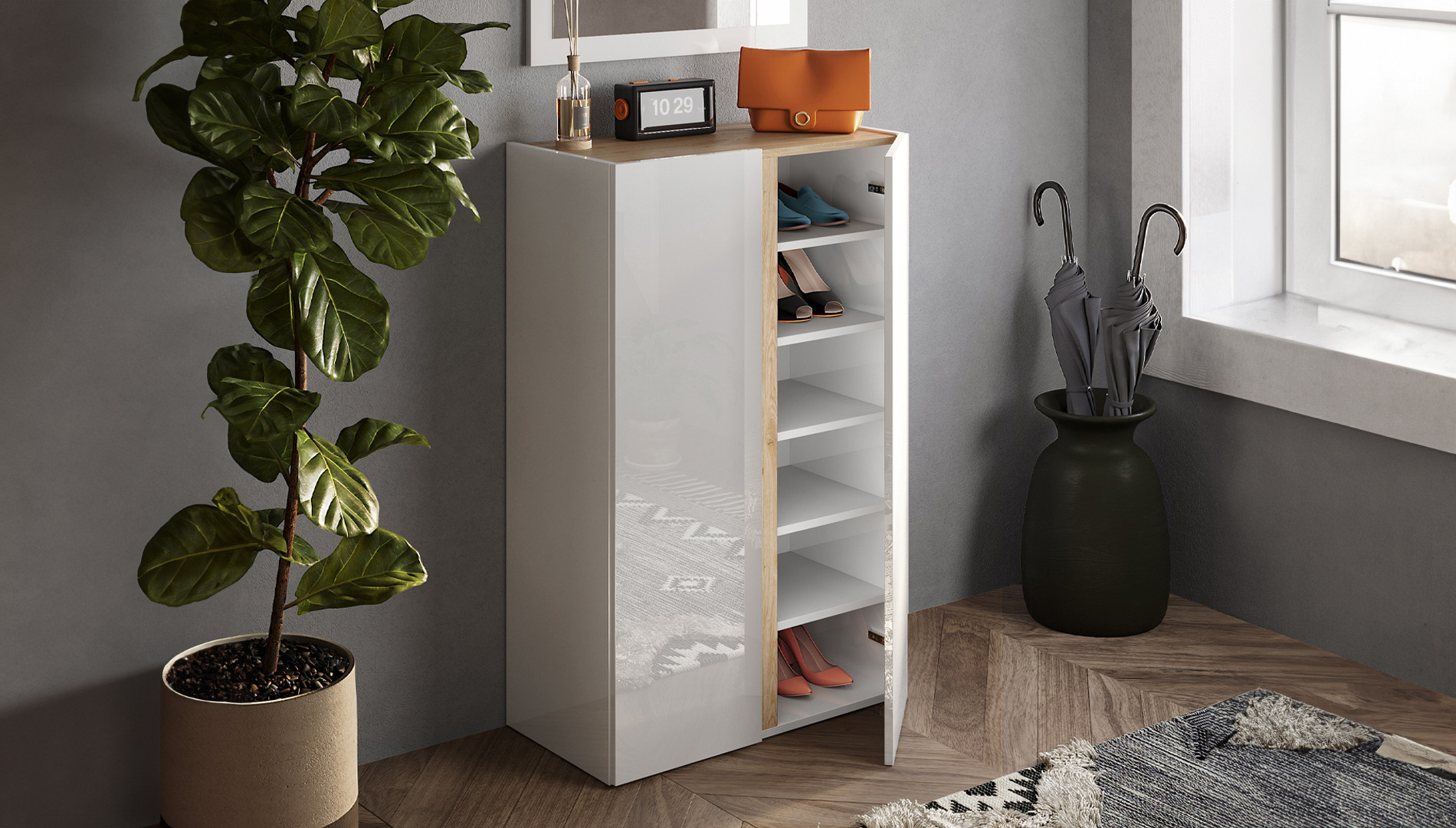 Petit meuble chaussures laqué blanc et chêne