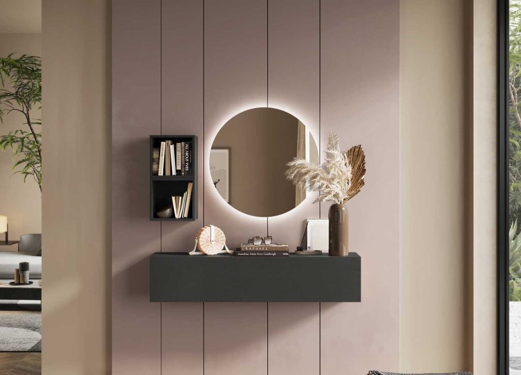 Petit meuble d'entrée avec miroir rond rétroéclairé