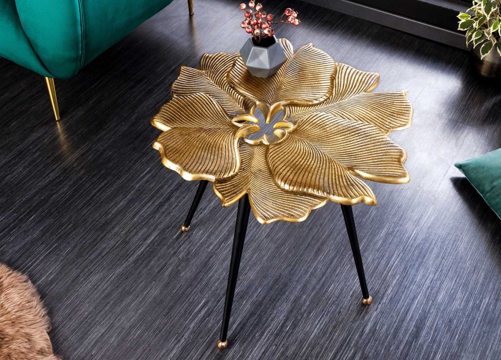 Petite table basse feuille de ginkgo métal doré et pieds noir