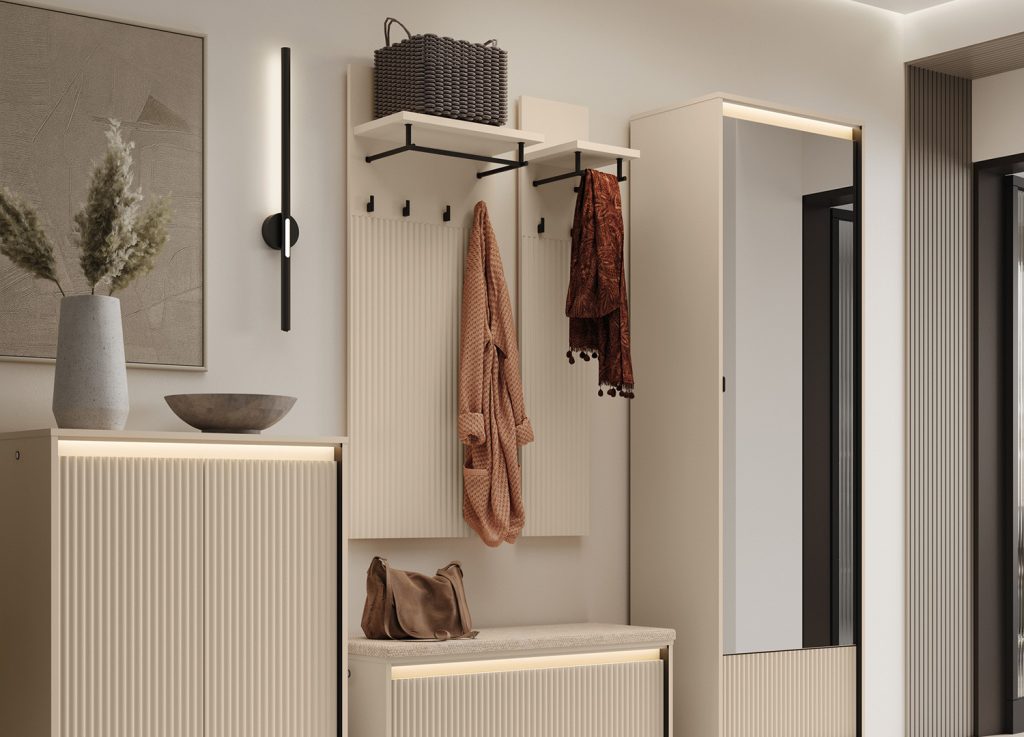 Porte-manteaux mural entrée beige et métal noir Trend
