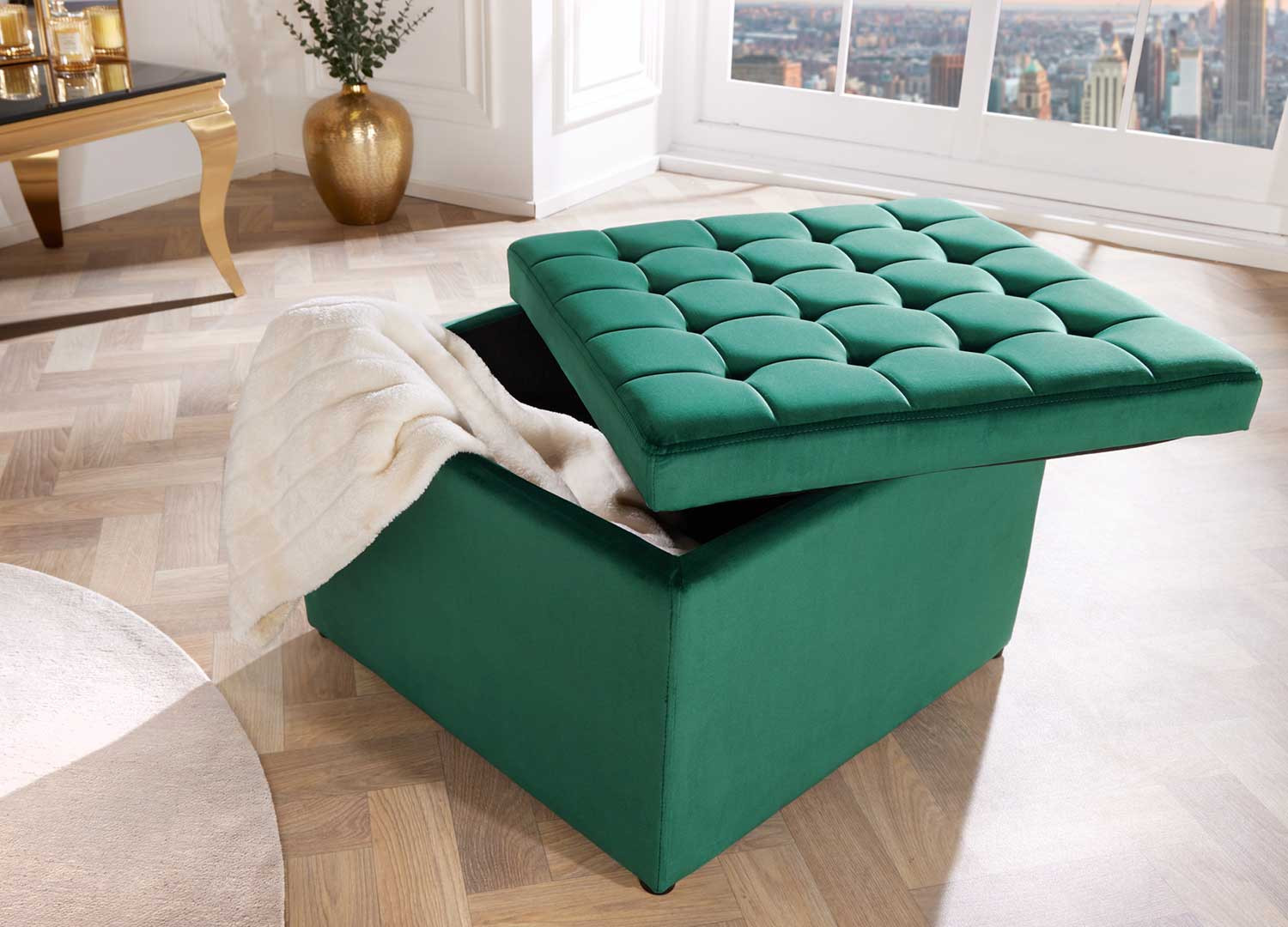 Pouf carré de rangement velours vert