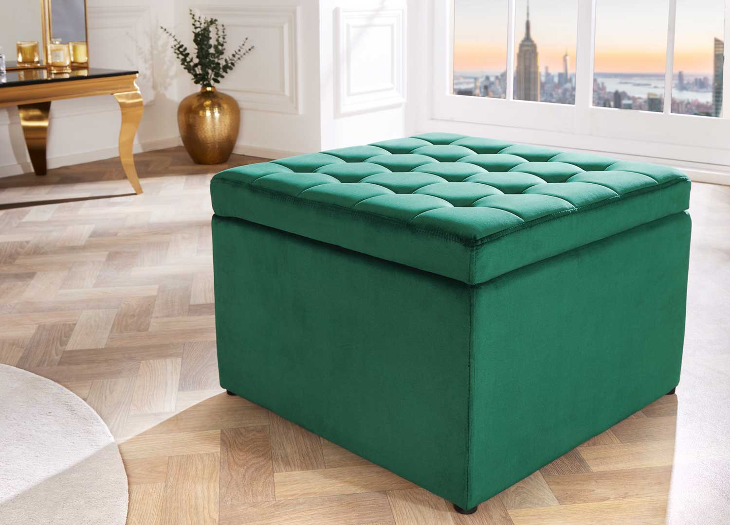 Pouf carré de rangement velours vert