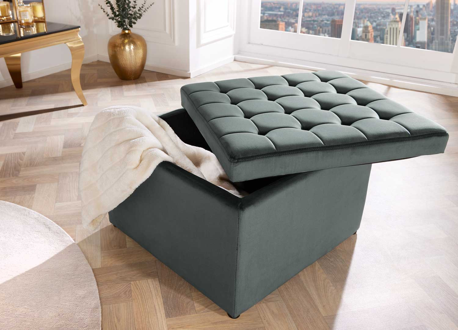 Pouf rangement salon velours gris