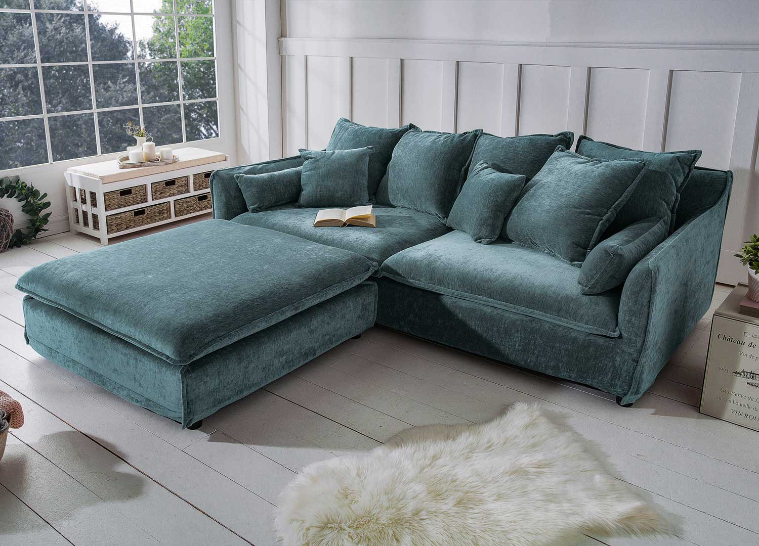 Pouf tissu velours bleu pétrole