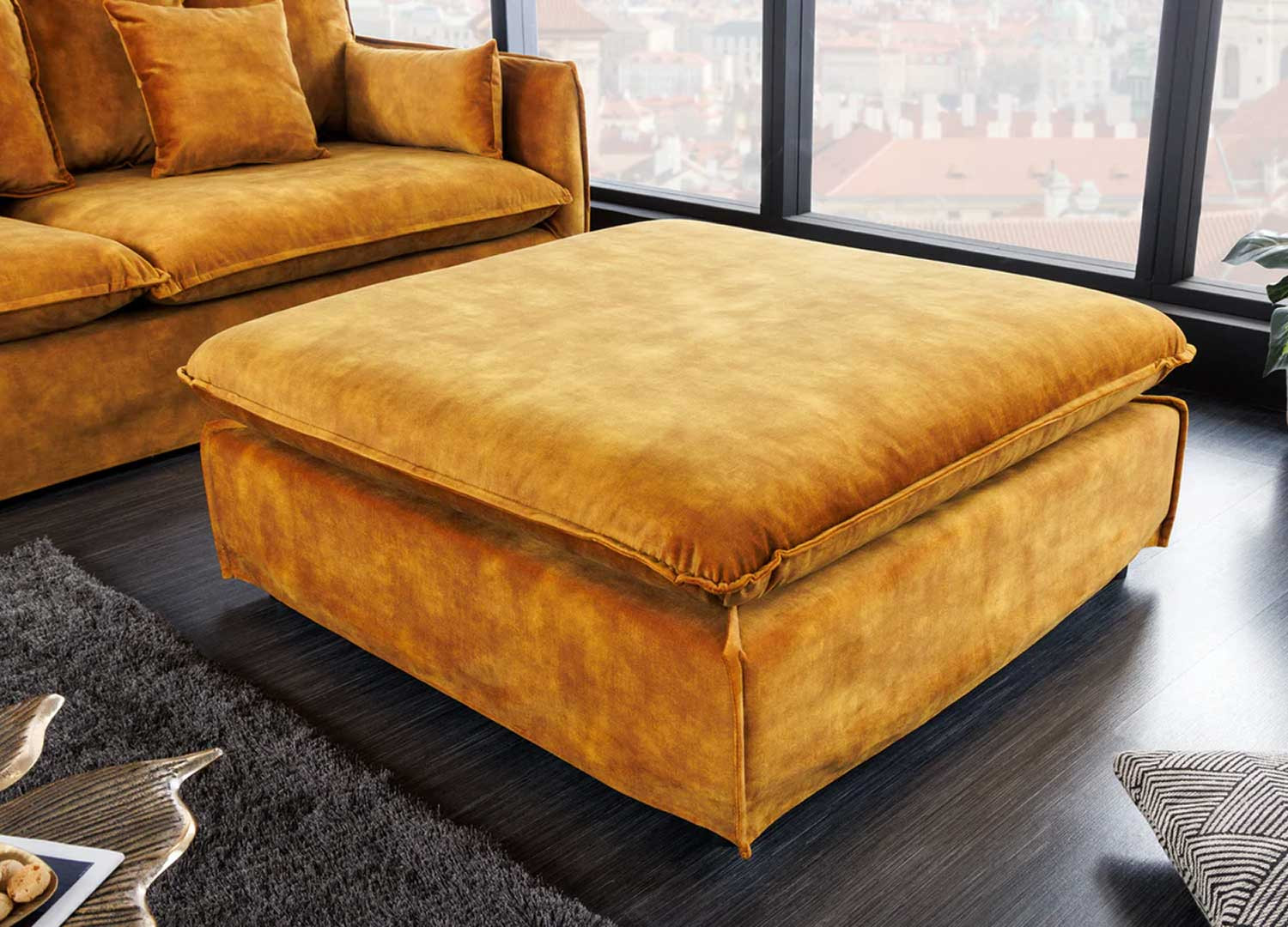 Pouf tissu velours jaune moutarde Tricia