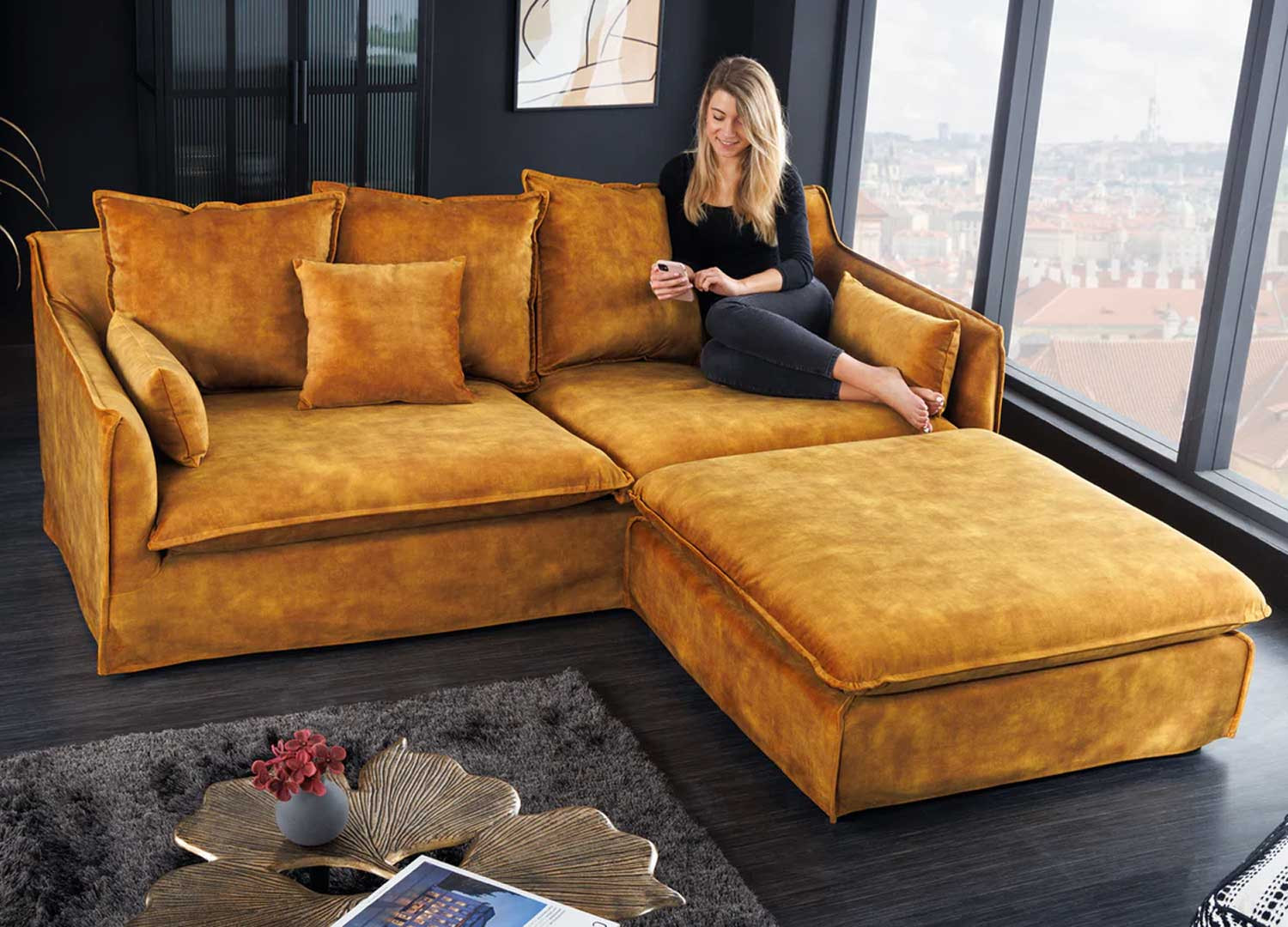 Pouf tissu velours jaune moutarde Tricia