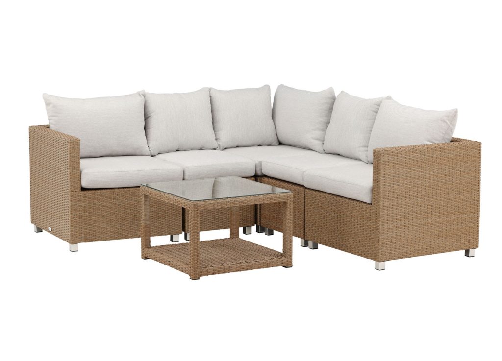 Salon d'angle de jardin 4 places rotin synthétique et coussins blanc VAMOS