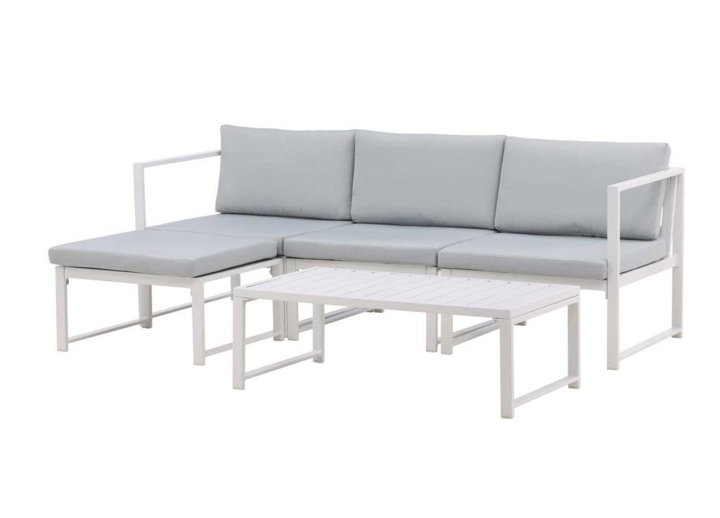 Salon d'angle de jardin aluminium blanc avec coussins