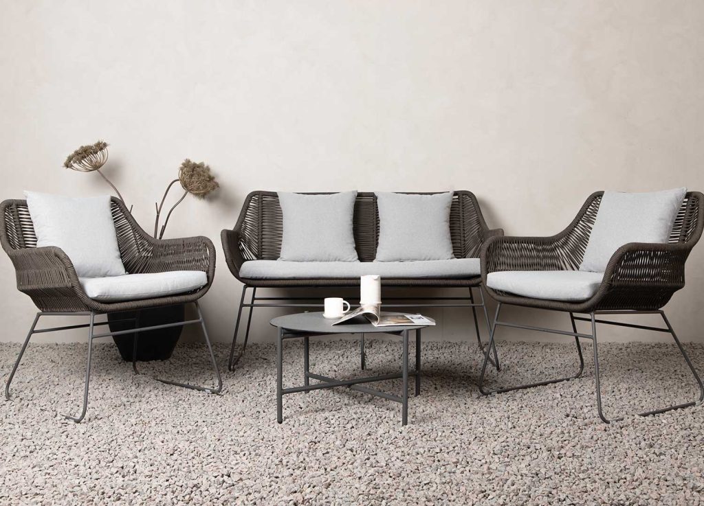Salon de jardin corde tressée marron et coussins gris Davao