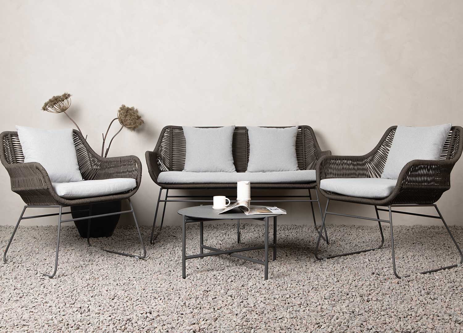 Salon de jardin corde tressée marron et coussins gris Davao