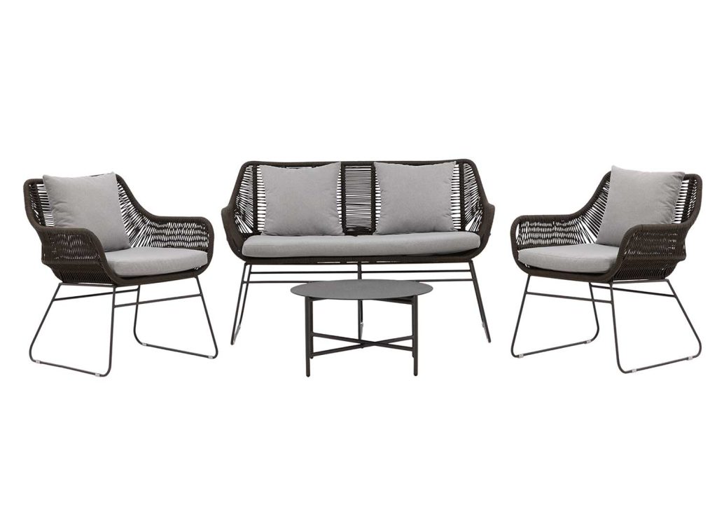 Salon de jardin corde tressée marron et coussins gris Davao