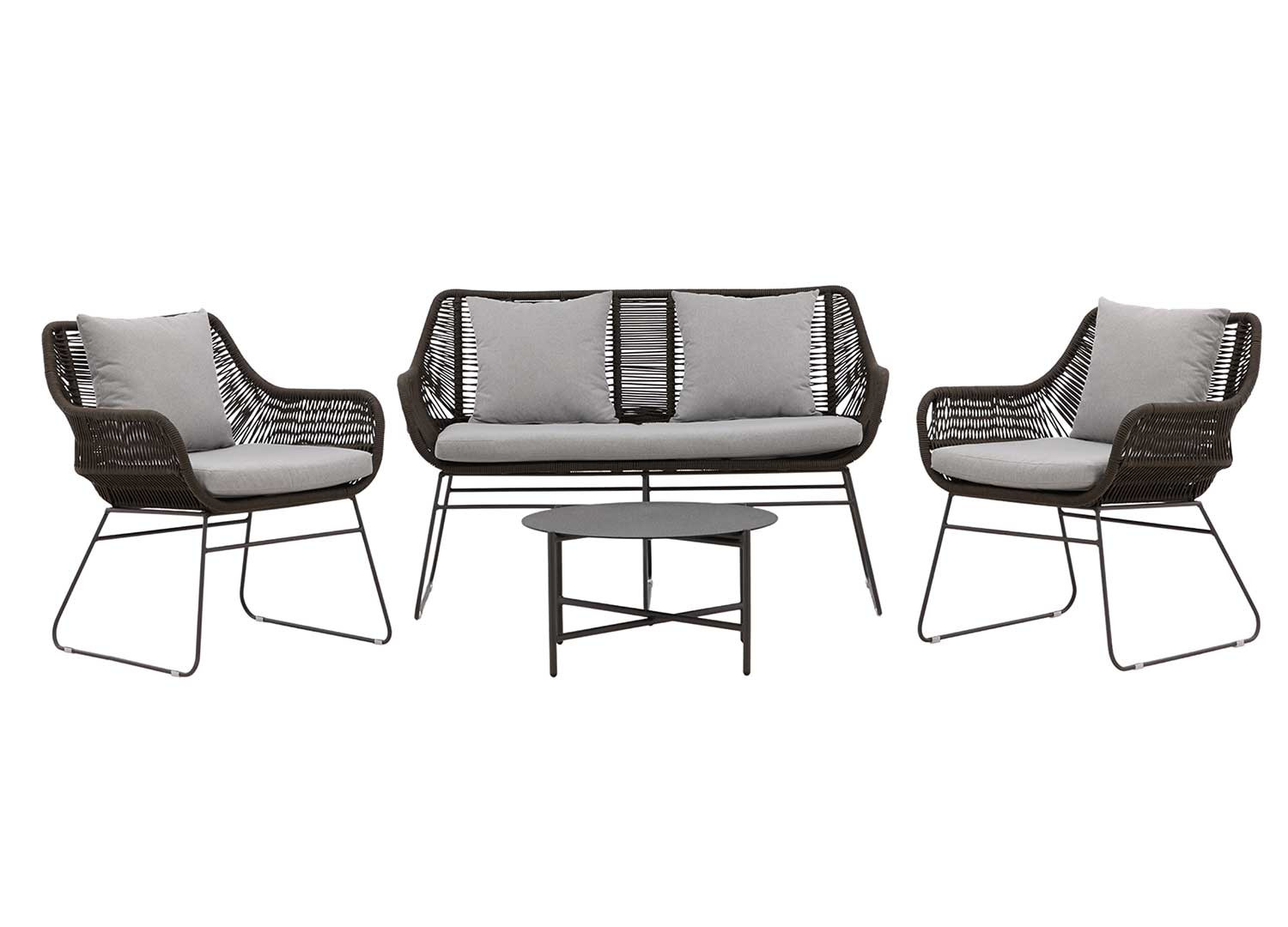 Salon de jardin corde tressée marron et coussins gris Davao