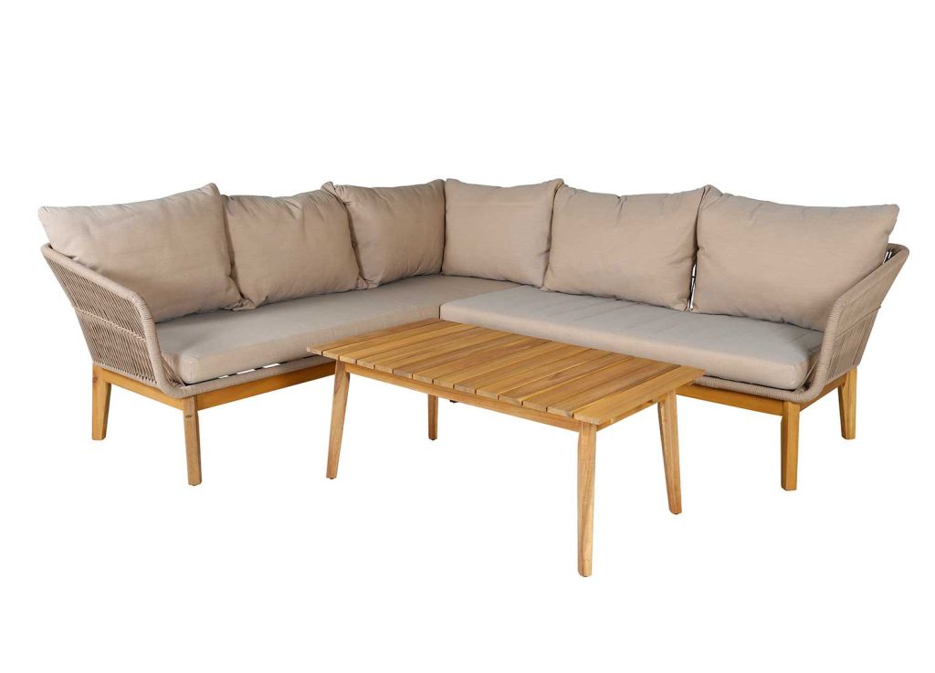 Salon de jardin d'angle beige et bois d'acacia