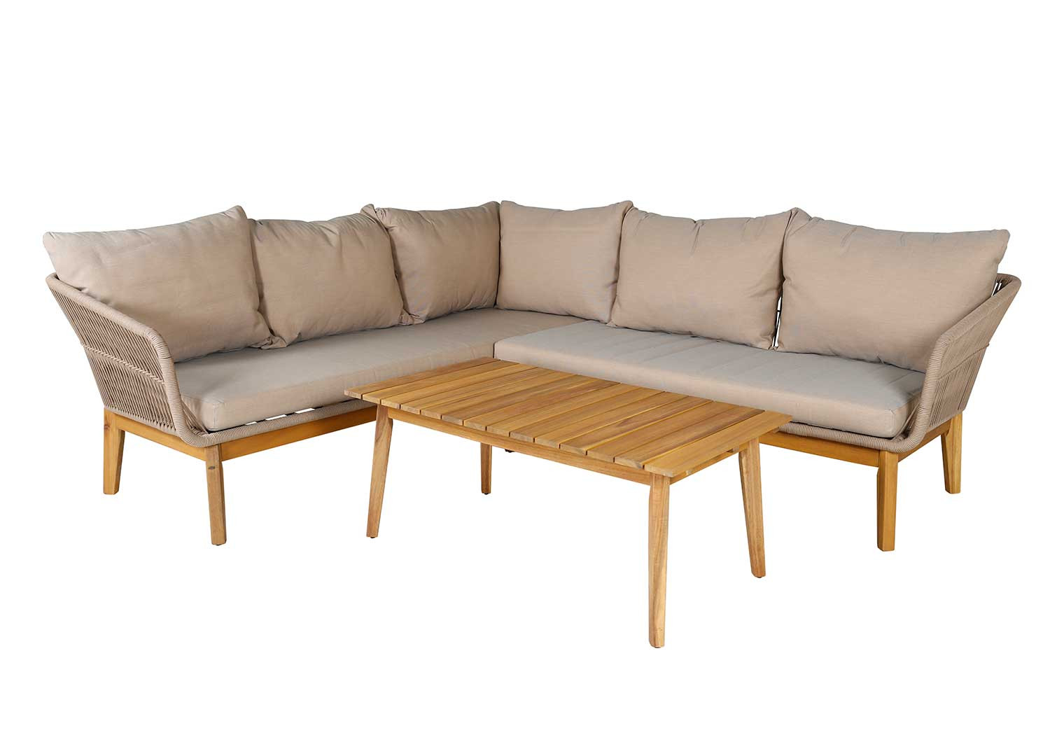 Salon de jardin d'angle beige et bois d'acacia