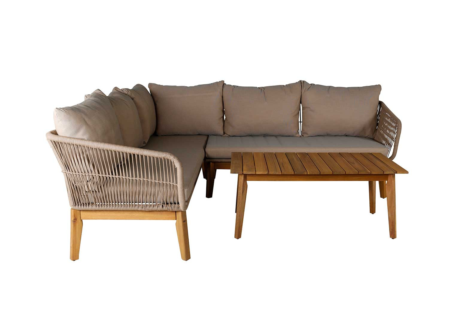 Salon de jardin d'angle beige et bois d'acacia