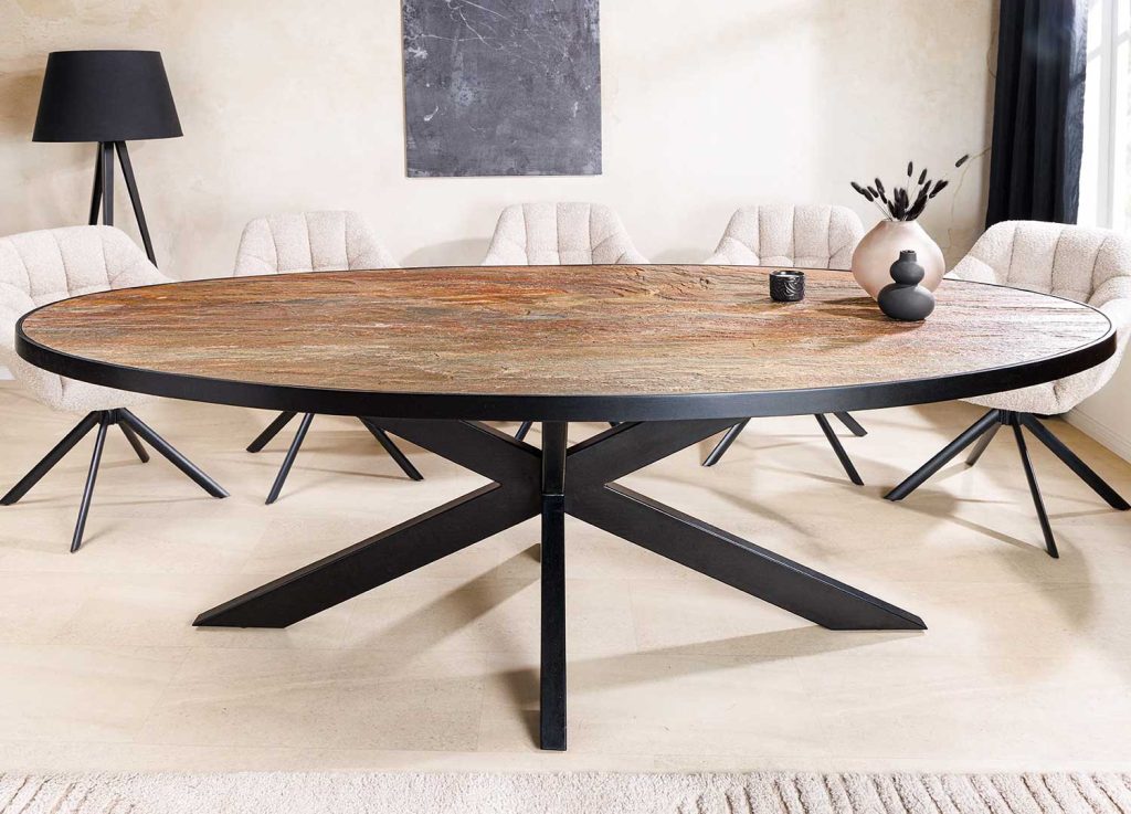 Table à manger 2m40 placage pierre et pieds métal noir Nino