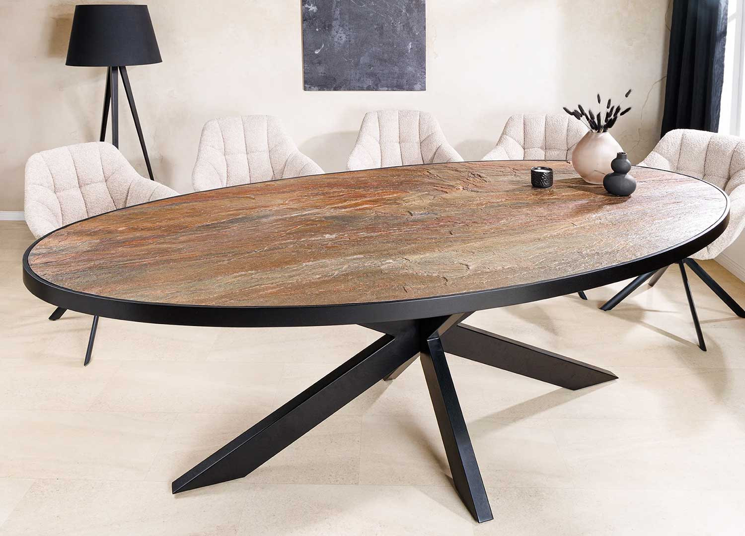 Table à manger 2m40 placage pierre et pieds métal noir Nino