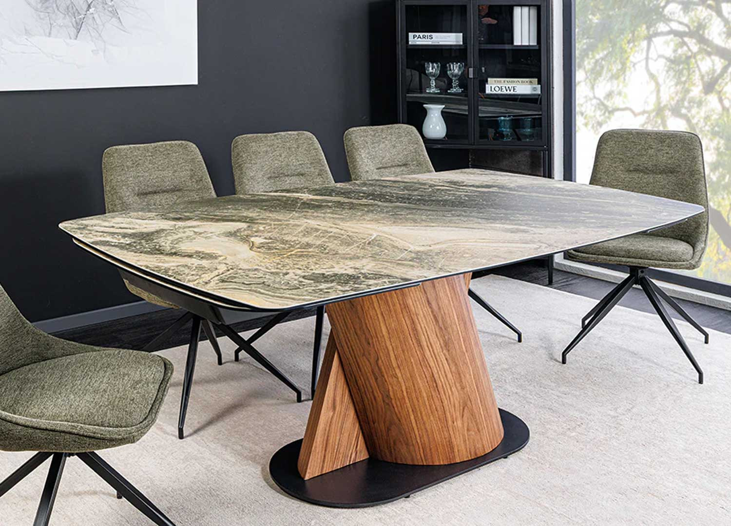 Table à manger à rallonges 180-260 céramique beige taupe et noyer Myra