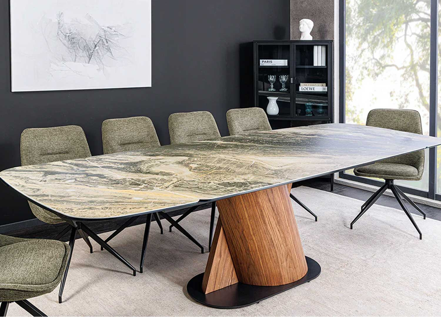 Table à manger à rallonges 180-260 céramique beige taupe et noyer Myra