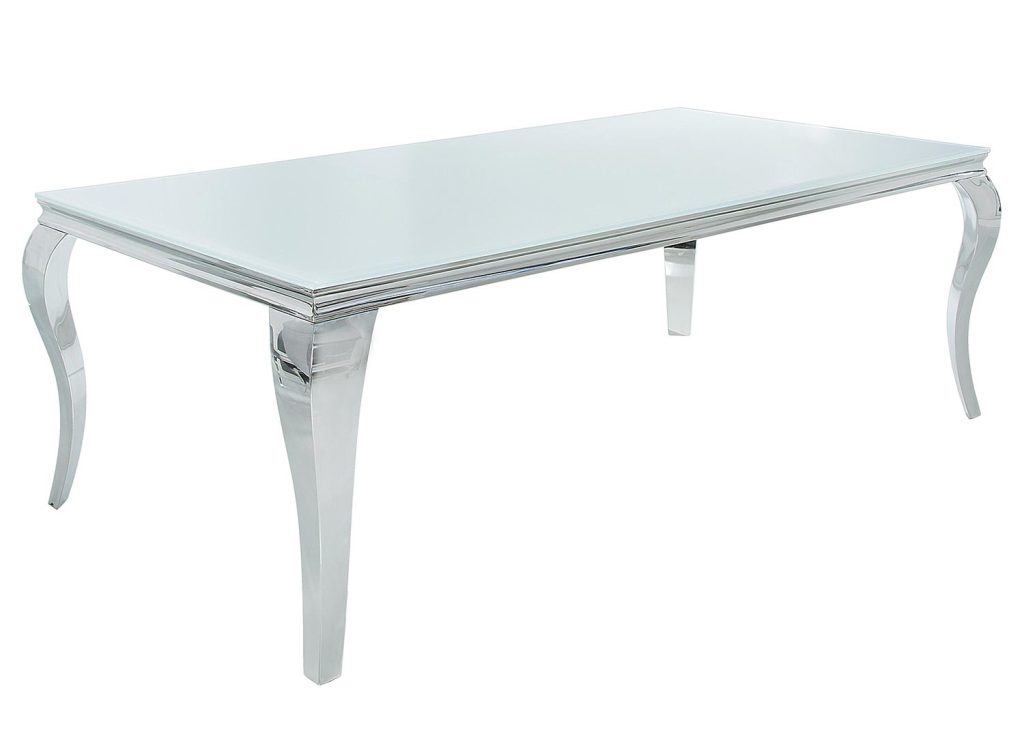 Table à manger baroque verre opale blanc et pied en acier poli 1m80