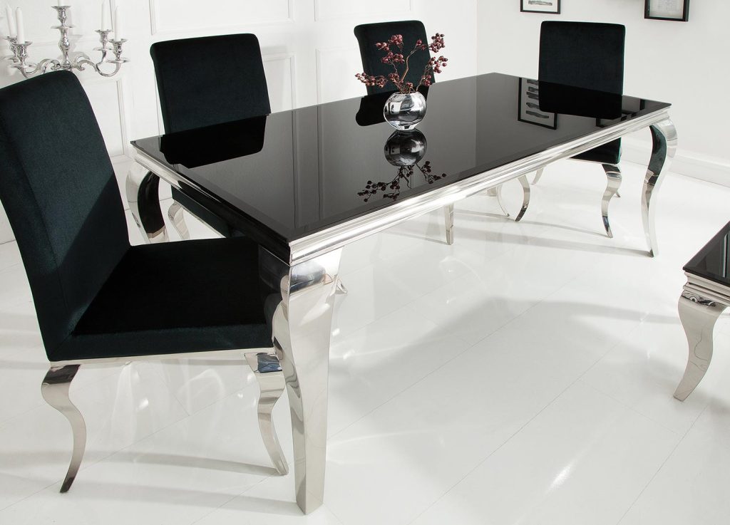 Table à manger baroque verre opale noir et pied en acier poli 1m80