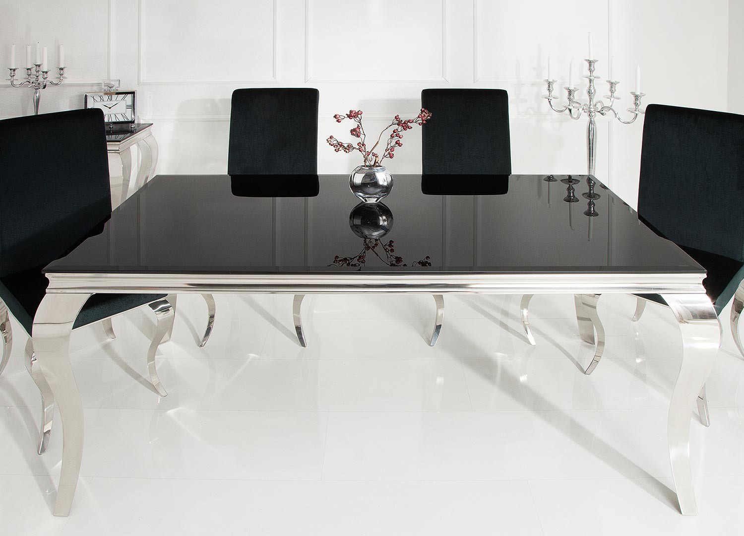 Table à manger baroque verre opale noir et pied en acier poli 1m80