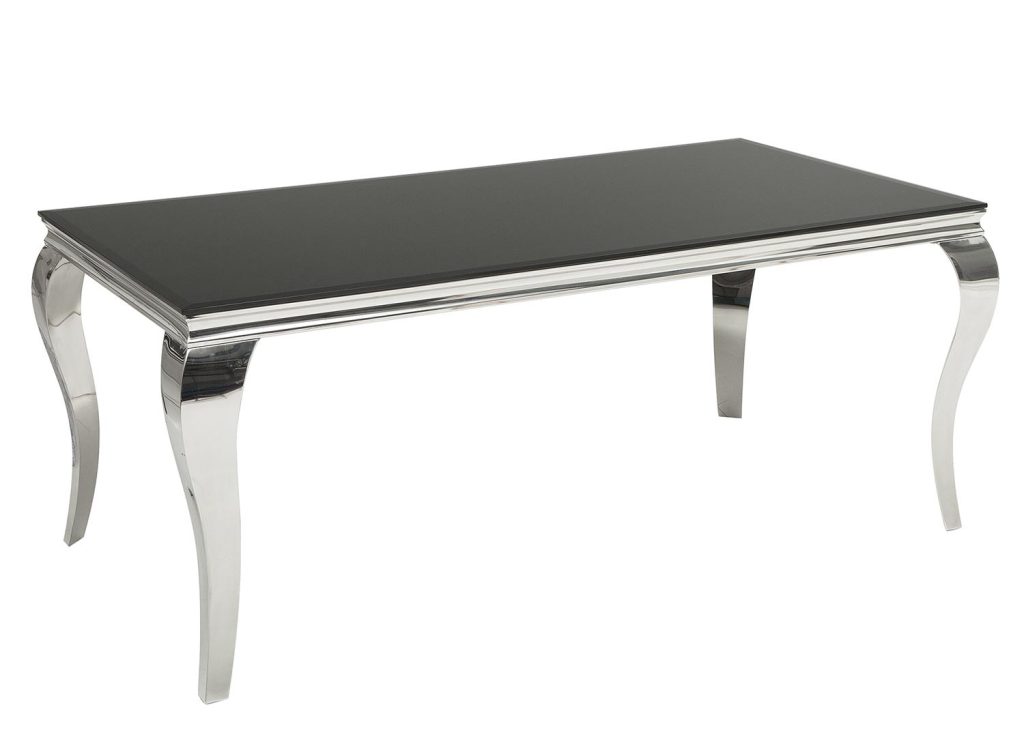 Table à manger baroque verre opale noir et pied en acier poli 1m80