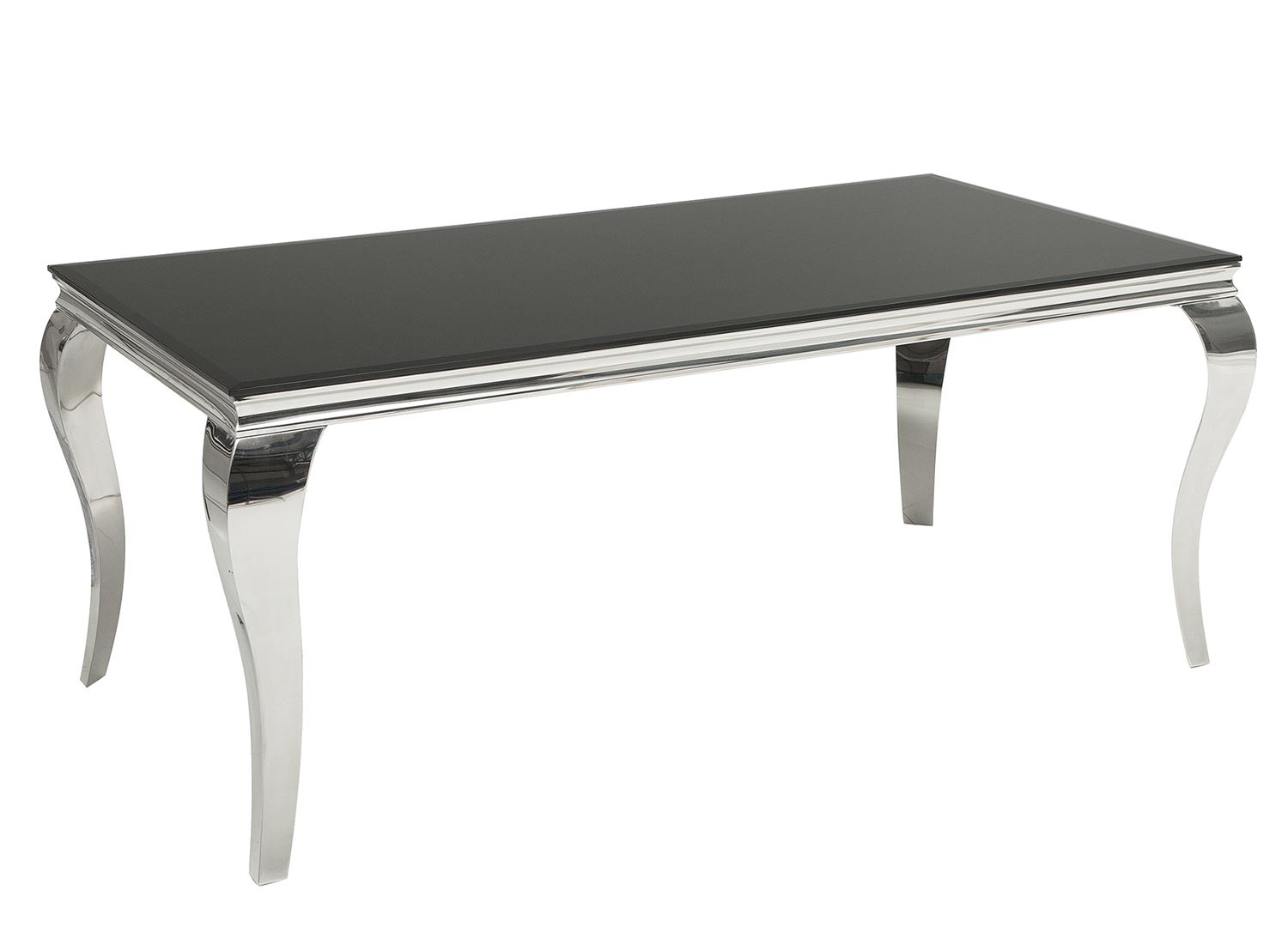 Table à manger baroque verre opale noir et pied en acier poli 1m80