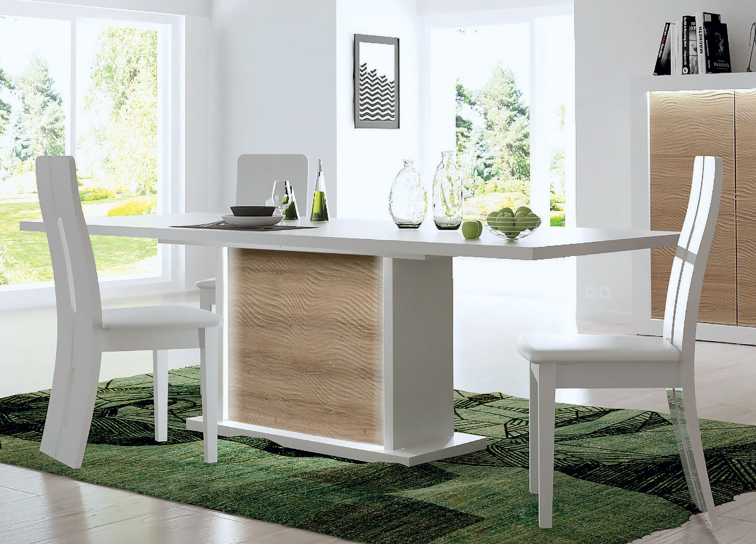 Table à manger blanc laquée et bois extensible à led
