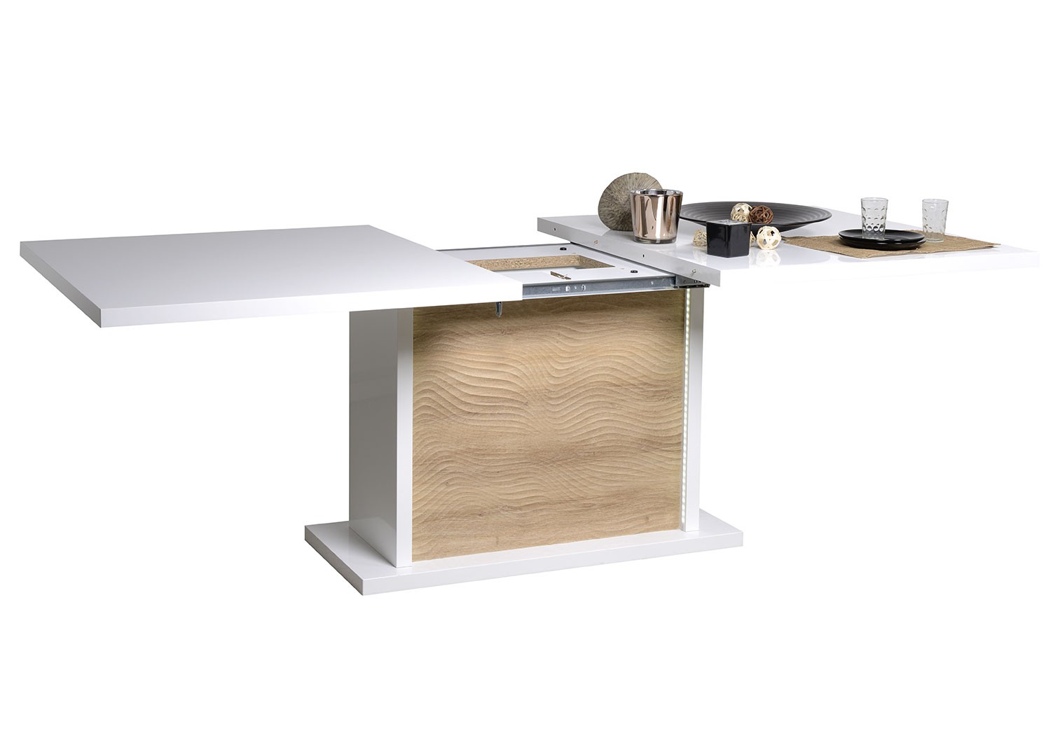 Table à manger blanc laquée et bois extensible à led