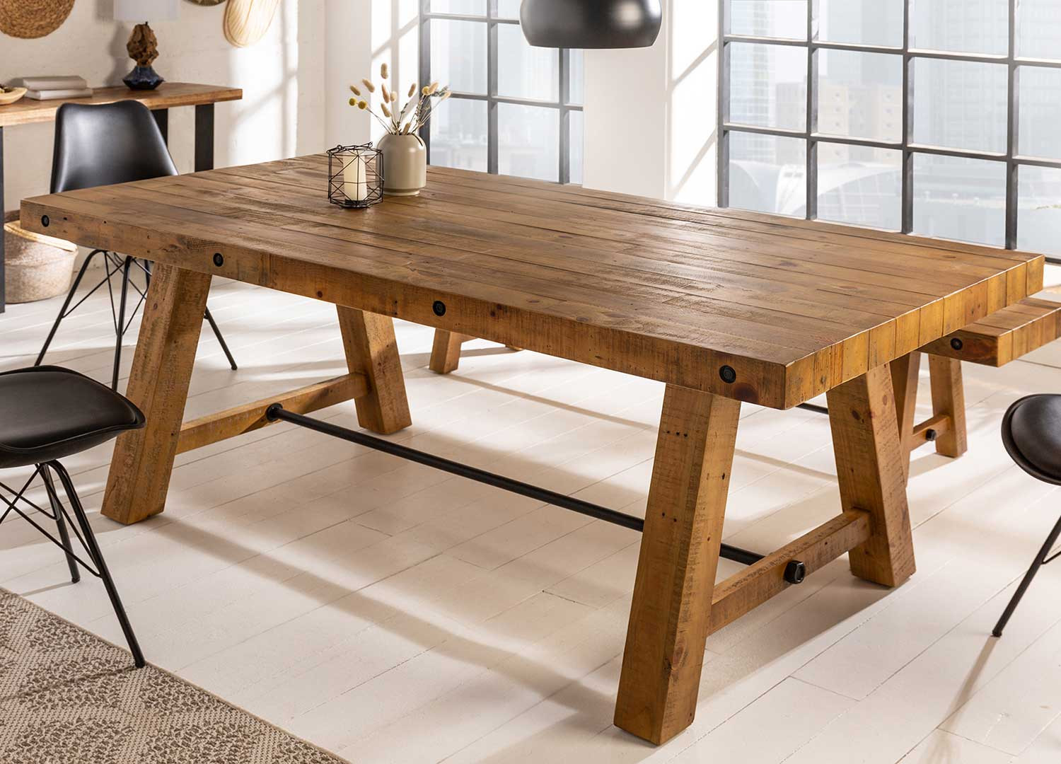 Table à manger en bois de pin 2m design industriel