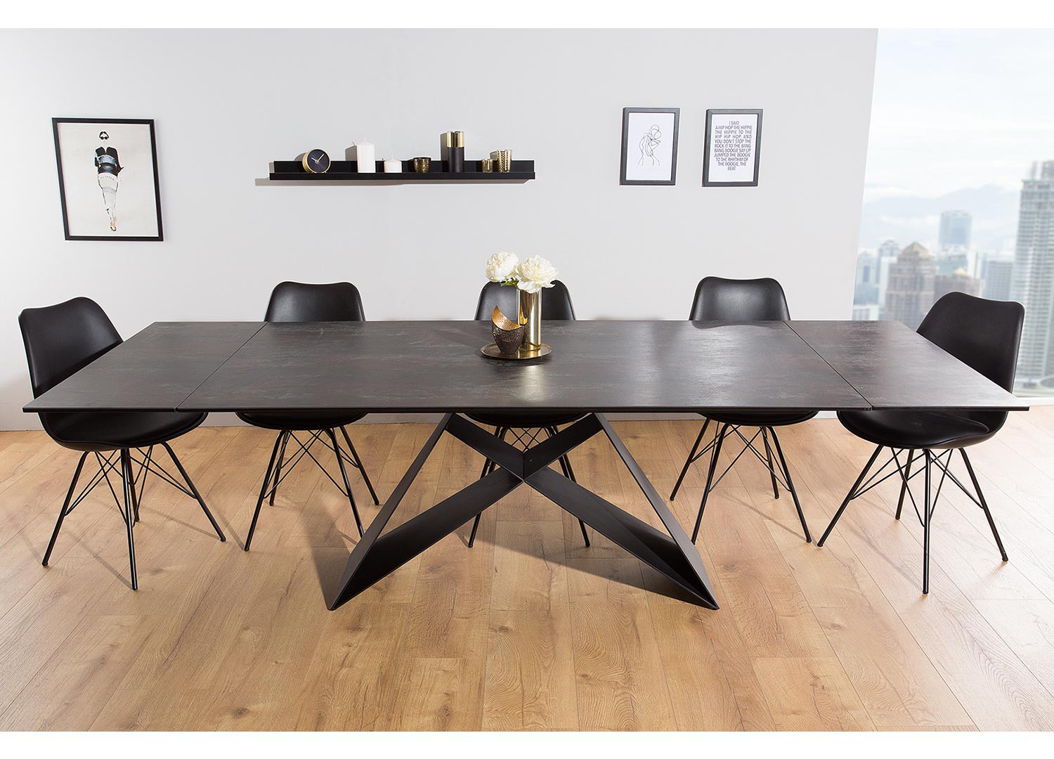 Table à manger en céramique lave 180-260 cm et pieds métal noir