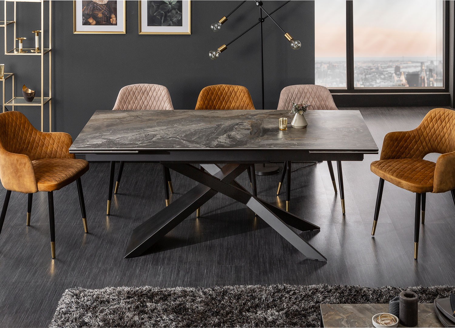 Table à manger extensible 180-220-260 cm céramique taupe aspect marbre